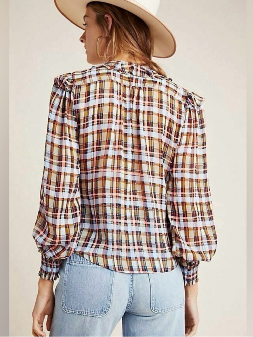 Anthropologie Plaid Ruffle V-Neck Blouse in Brown, Cream & Blue size 4